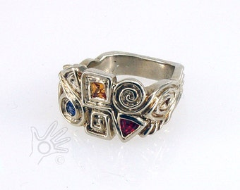 14K White Gold  Fashion Mothers Ring with Colored Sapphires,  "Demeter" Hand Carved Lost Wax