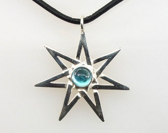 Septagram Gemstone Necklace Fairy Star Sterling Silver Pagan Pendant Leather Cord