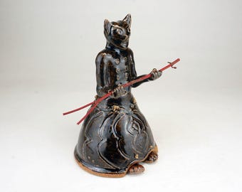 Bast Egyptian Cat Figurine Goddess Ritual Altar Bell Bastet Nubian Shrine Sculpture Statue with Witch's Stang