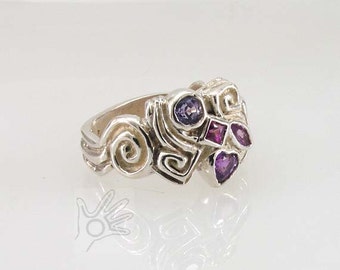 Sterling Silver Fashion Ring with Purple Sapphires,  Hand Carved Lost Wax