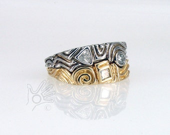 14K Yellow and White Gold Stacking Ring with Diamonds, "Nesting Pair" Hand Carved Lost Wax