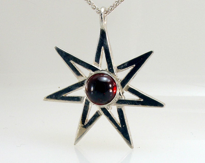 Septagram Garnet Necklace Fairy Star Sterling Silver Faery Pendant Leather Cord