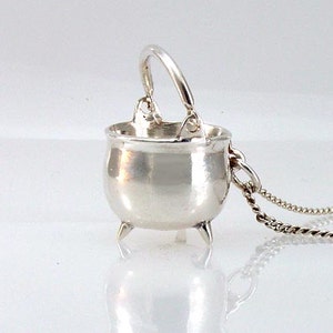 Miniature Witches Cauldron Sterling Silver Ritual Tool Charm Pendant, Leather Cord