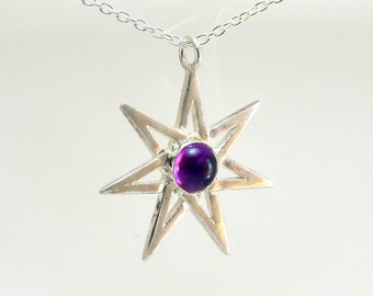 Septagram Amethyst Necklace Fairy Star Sterling Silver Faery Pendant Leather Cord