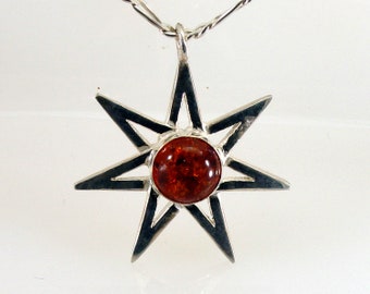 Septagram Amber Necklace Fairy Star Sterling Silver Faery Pendant Leather Cord