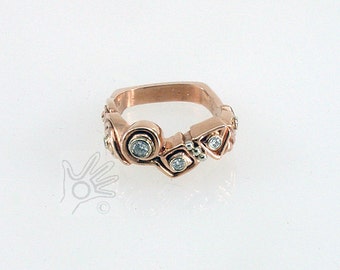 Rose Gold Engagement Ring 14K with Five Diamonds,  Celtic Hand Carved Lost Wax Pink