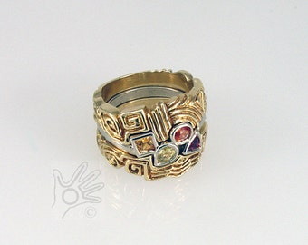 18K Yellow Gold  Stacking Ring with Sapphires in 14K WG ,  "Nesting Vinca" Hand Carved Lost Wax