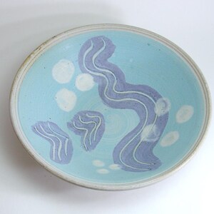 Può includere: Una ciotola in ceramica blu chiaro con un bordo bianco. La ciotola ha un design astratto bianco e viola.