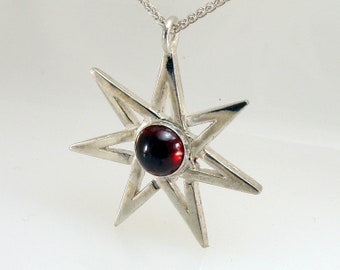 Septagram Garnet Necklace Fairy Star Sterling Silver Faery Pendant Leather Cord