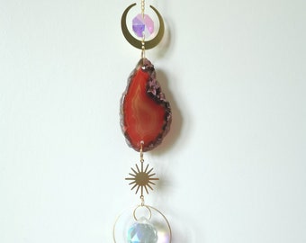 Beautiful Red Agate Crystal Suncatcher with Prisms