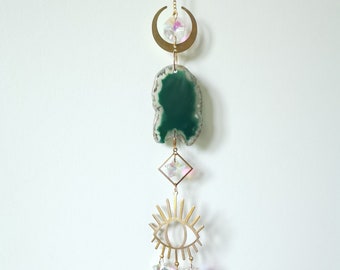 Beautiful Green Agate Crystal Suncatcher with Prisms