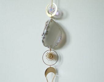 Beautiful Grey Agate Crystal Suncatcher with Prisms