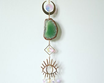 Beautiful Green Agate Crystal Suncatcher with Prisms