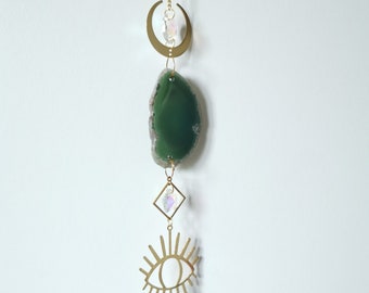 Beautiful Green Agate Crystal Suncatcher with Prisms