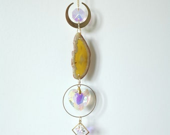 Beautiful Yellow Agate Crystal Suncatcher with Prisms