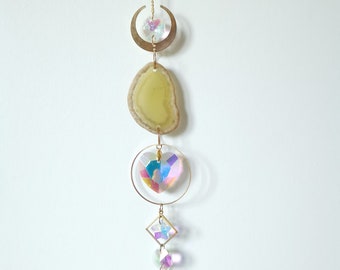 Beautiful Yellow Agate Crystal Suncatcher with Prisms