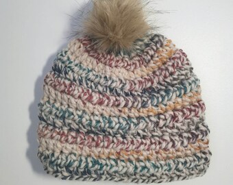 Chunky Winter Beanie with Faux Fur Pom Pom - Adult Size