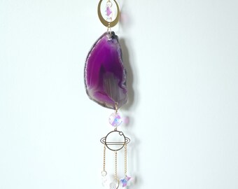 Beautiful Purple Agate Crystal Suncatcher with Prisms