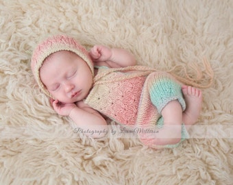 DIY Knitting Pattern - Lotus Bonnet and Shortalls Set Newborn Knitting Pattern - Newborn Prop Outfit Knitting Pattern - Instant Download