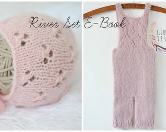 DIY Knitting Pattern - River Overalls and River Bonnet Knitting Pattern SET - Knitting Photography Prop Pattern - Bonnet Knit Pattern