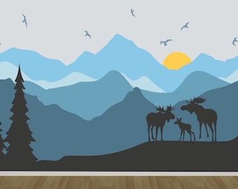 Mountain Mural Decal, Mountain Decal, Nursery Decal, Mountain Wallpaper Decal, Kids Wall Decal, Removable Decal, MR106