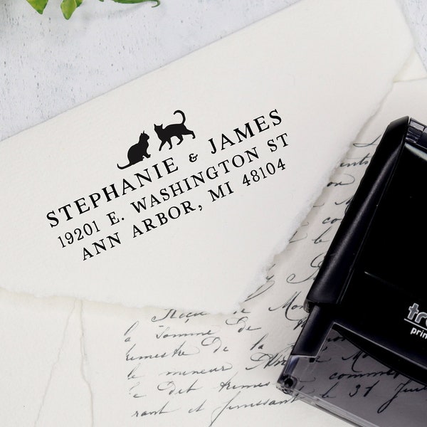 Cat Return Address Stamp, Housewarming Gift Stamp, Wedding Gift Stamp. DIY Wedding Rubber Stamp, Personalized Rubber Stamp 2.5x1 Inch - A5
