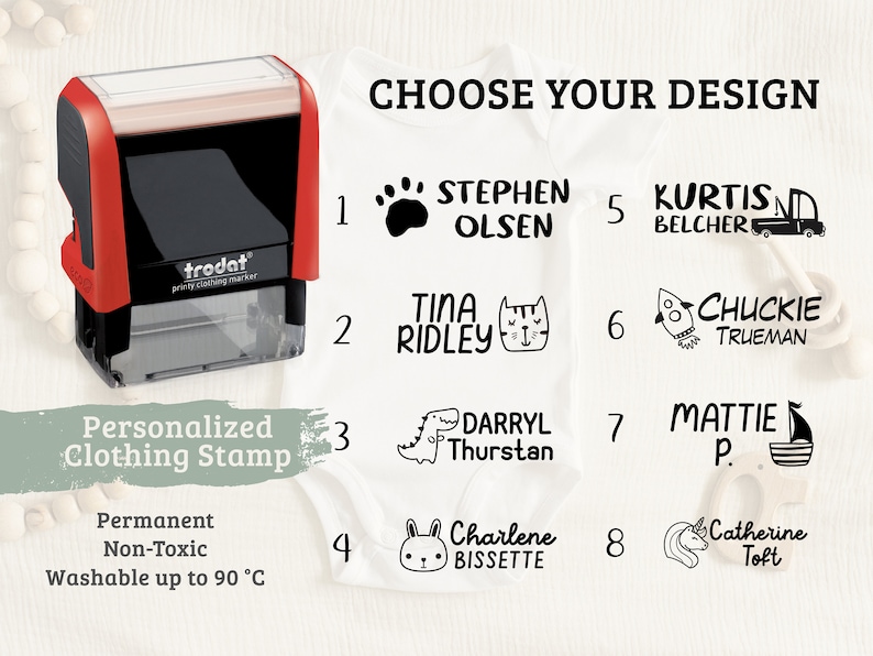 May include: A white t-shirt with eight different designs for personalized clothing stamps. The designs include a paw print, a cat, a dinosaur, a bunny, a truck, a rocket, a sailboat, and a unicorn. The text on the t-shirt reads "Choose Your Design" and includes numbers 1 through 8.