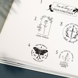May include: Five different bookplate designs with black ink on a white background. The designs include a dragon, a rose, a sword, a moth, and a quill pen. Each design includes the text "From the library of" and the name of the owner.