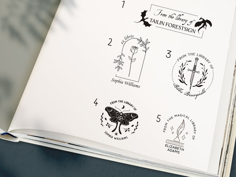 May include: Five different bookplate designs with black ink on a white background. The designs include a dragon, a rose, a sword, a moth, and a quill pen. Each design includes the text "From the library of" and the name of the owner.