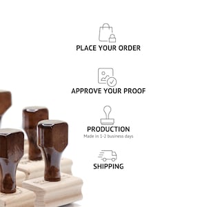 May include: Wooden stamps with dark brown tops and light wood bases are displayed. The image includes text that reads: PLACE YOUR ORDER, APPROVE YOUR PROOF, PRODUCTION, and SHIPPING.