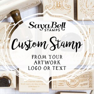 Pictured is many custom rubber stamps we have made of addresses, logos, wedding stamps, etc.