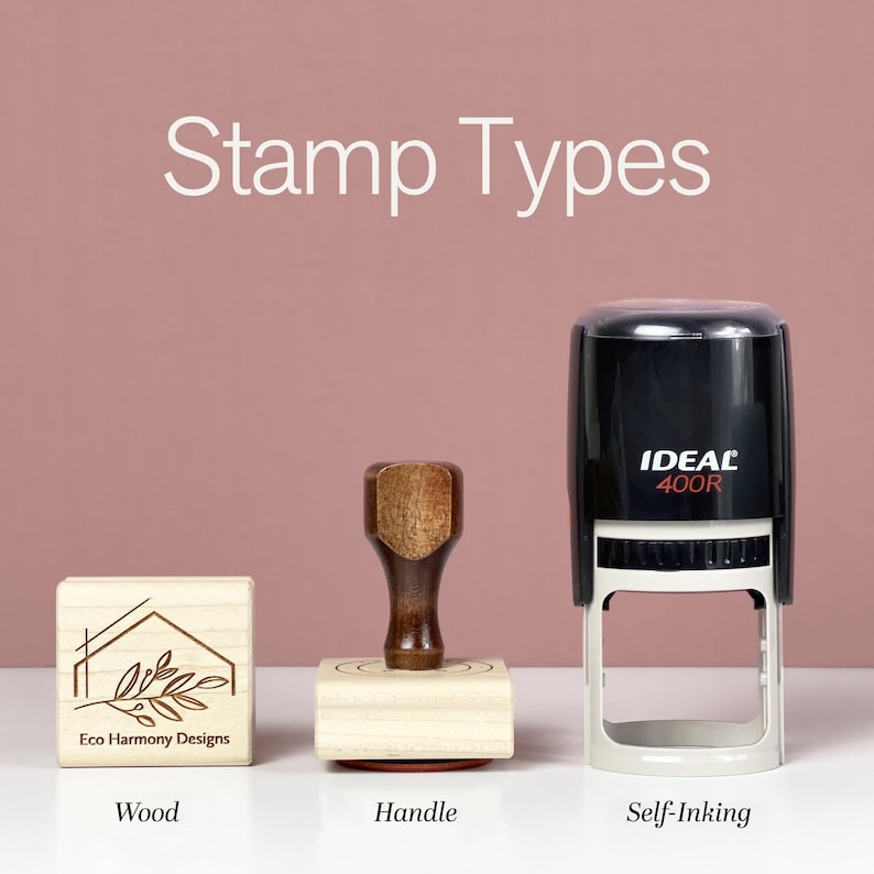 May include: Image of three stamp types: a wood stamp with a house and leaf design, a handle stamp with a wooden handle, and a self-inking stamp with the text "IDEAL 400R". The text "Stamp Types" is at the top.