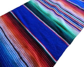 Traditional Serape 14 inch Wide by 84 inch Long Cinco de Mayo Party Colorful Authentic Mexican Artisan Fiesta Decor Table Runner - Blue