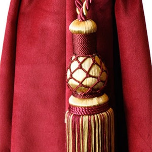 1 Beautiful Luxury Gold & Burgundy Curtain Drapery Tassel Rope Tieback Handmade Home Housewares Decor Window Treatment Vintage Look Holdings image 1