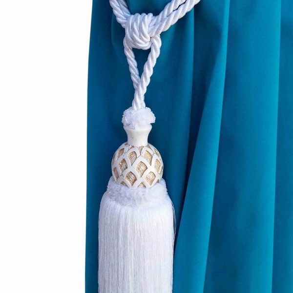Elegant White Curtain Drapery Decorative Wood/Tassel Double Rope TieBack Handmade Chair Decor/Window Treatment Single Drape Holding/Holdback