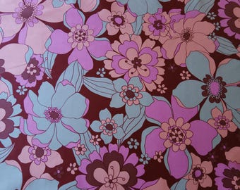 Retro Floral Print Upholstery Drapery Fabric Sold by the Yard 58 inch Wide Mod 1960s - 70s Twist Flower Design - Pink Turquoise Peach Brown