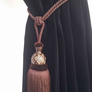 Brown Curtain Drapery Decorative Wood/Tassel Double Rope Tie Back Hand Crafted Home Decor/Window Treatments Drape Holding/Holdback/Pull Back