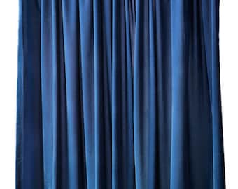 USED 20 ft wide x 7 ft high Navy Blue Flocking Velvet Fabric Curtain Panel Size 240 in. w x 84 inches Long w/4" Rod Pocket Top - Sold AS IS