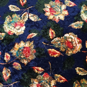 Blue Floral Print Crushed Velvet Fabric Stretch Sold By the Yard Polyester/Spandex 60 inch Wide Apparel Dresses Costumes Drapery Upholstery