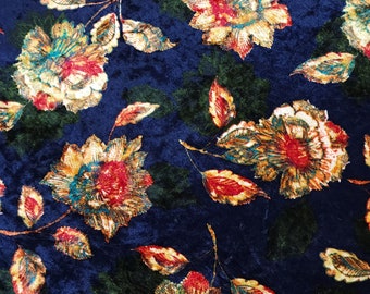 Blue Floral Print Crushed Velvet Fabric Stretch Sold By the Yard Polyester/Spandex 60 inch Wide Apparel Dresses Costumes Drapery Upholstery
