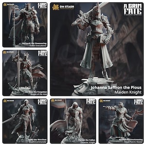 May include: A set of six miniature figures, painted in shades of gray, depicting characters from a fantasy role-playing game. Each figure is posed in a dynamic stance, holding weapons or other objects. The figures are labeled with their names and titles, such as "Gerhardt the Unwavering, Duke's Executioner" and "Johanna Saffron the Pious, Maiden Knight".