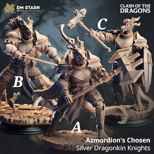 Pode incluir: São exibidas três figuras detalhadas de cavaleiros Dragonkin prateados, rotuladas A, B e C. Cada figura está posada com uma arma e armadura. O texto "Clash of the Dragons" e "Azmordion's Chosen Silver Dragonkin Knights" são visíveis.
