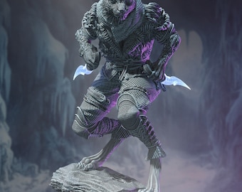 May include: A gray, wolf-like creature figurine with a fur-covered body and a detailed face. The figurine is holding two daggers and is standing on a rocky base.