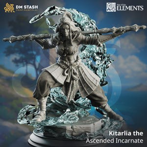 Peut inclure: Une figurine miniature peinte en gris d'une guerrière avec de longs cheveux, tenant un bâton, debout sur une base avec un effet d'eau tourbillonnante. La figurine est intitulée "Kitarlia the Ascended Incarnate".