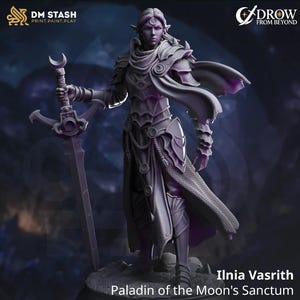 Könnte beinhalten: Detaillierte 3D-gedruckte Figur von Ilina Vasrith, Paladin des Mondheiligtums. Die Figur ist mit einer verzierten Rüstung bekleidet und hält ein großes Schwert mit einem Halbmond-Design. Die Figur hat lange Haare und einen Umhang. Die Logos DM STASH und DROW FROM BEYOND sind sichtbar.