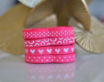 Grosgrain Ribbon Shocking Pink and White theme  -- 3/8 inch -- Hearts, Dots, small hearts valentine