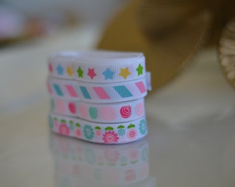 Grosgrain Ribbon Spring theme Flower, stars, -- 3/8 inch -- Pink Lt Blue