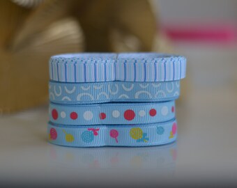 Grosgrain Ribbon BLUE- RED  theme  -- 3/8 inch -- Lollipop , strips, Dots, baby boy