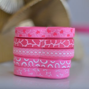 Grosgrain Ribbon Hot Pink and White theme 3/8 inch Hearts, Stars, Lace, Animal Print image 1