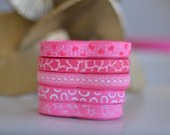 Grosgrain Ribbon Hot Pink and White theme  -- 3/8 inch -- Hearts, Stars, Lace, Animal Print